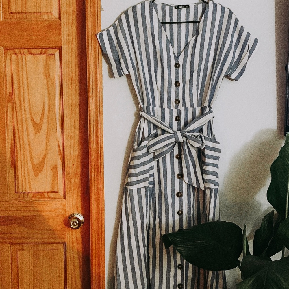 Blue and white striped button dress from Shein